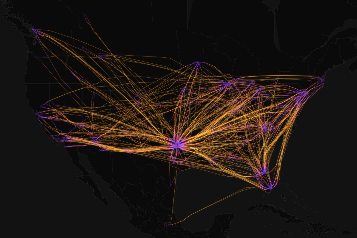 Example flight path visualization showing routes across North America