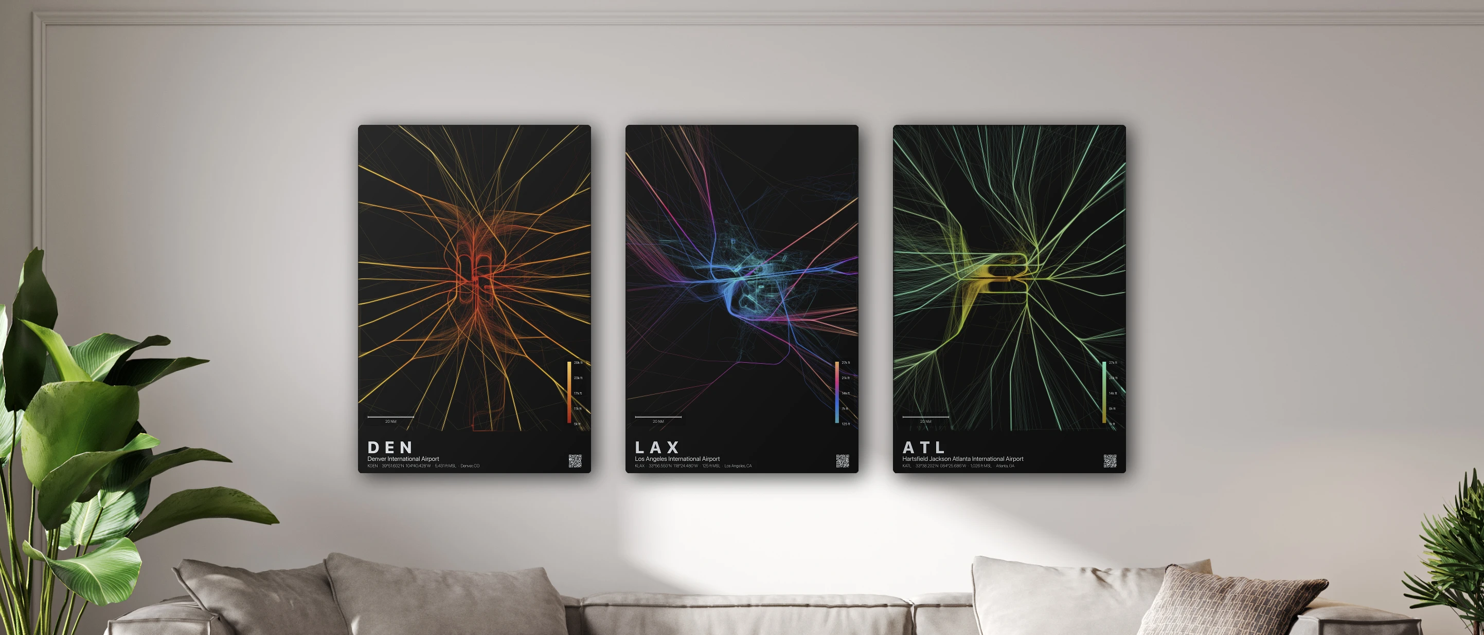 SkyPath Studio aviation art prints displayed in a modern living room